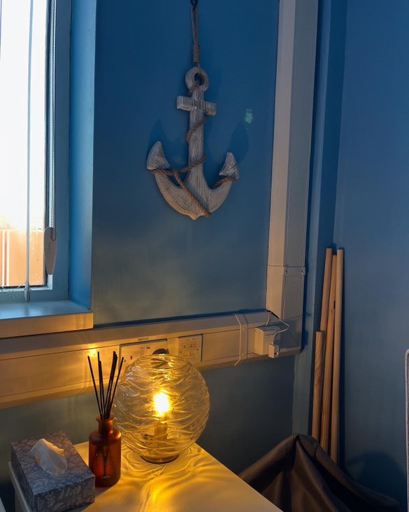 Therapy office interior showing a peaceful, ocean-themed space